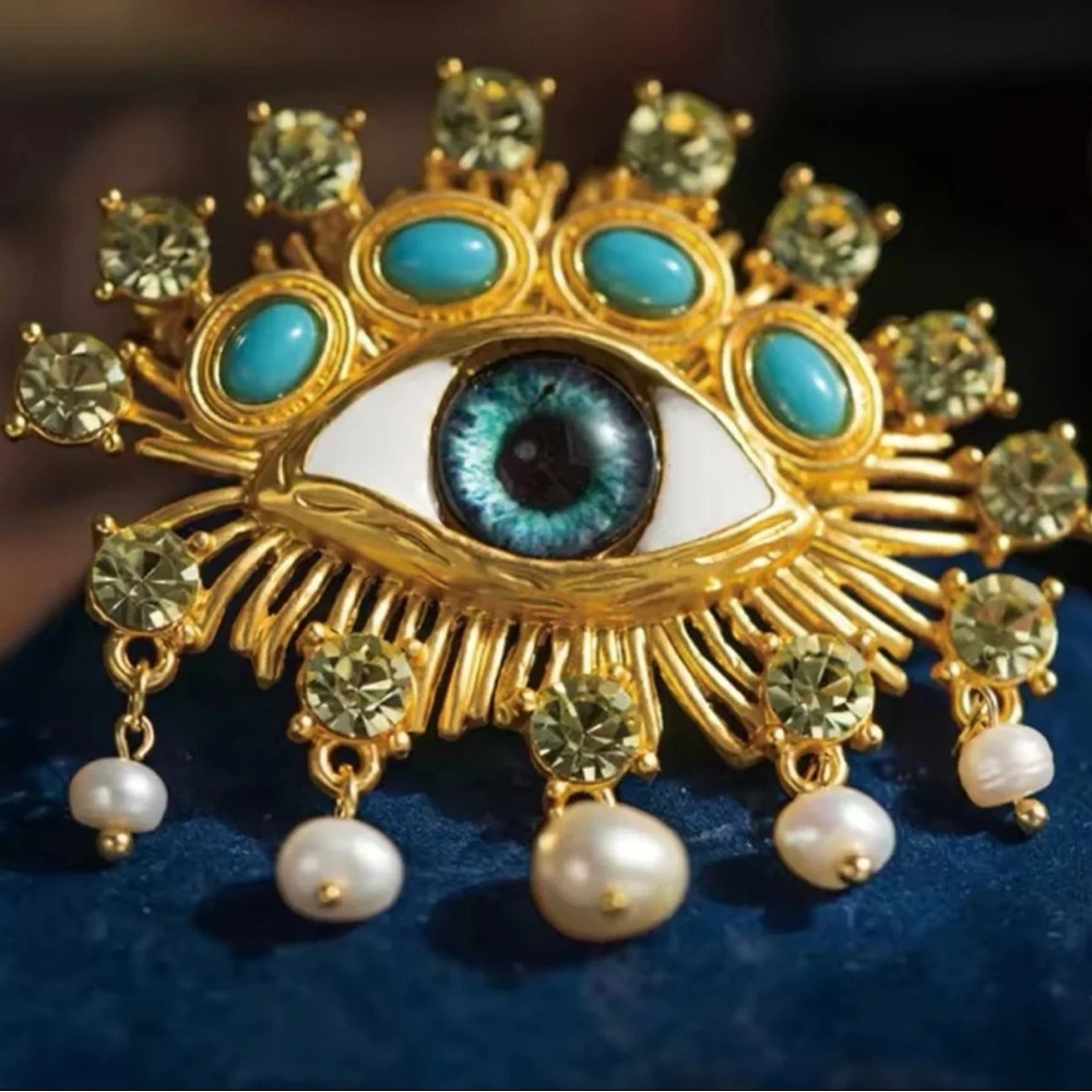 Anthropologie Gold and Turquoise Eye Brooch